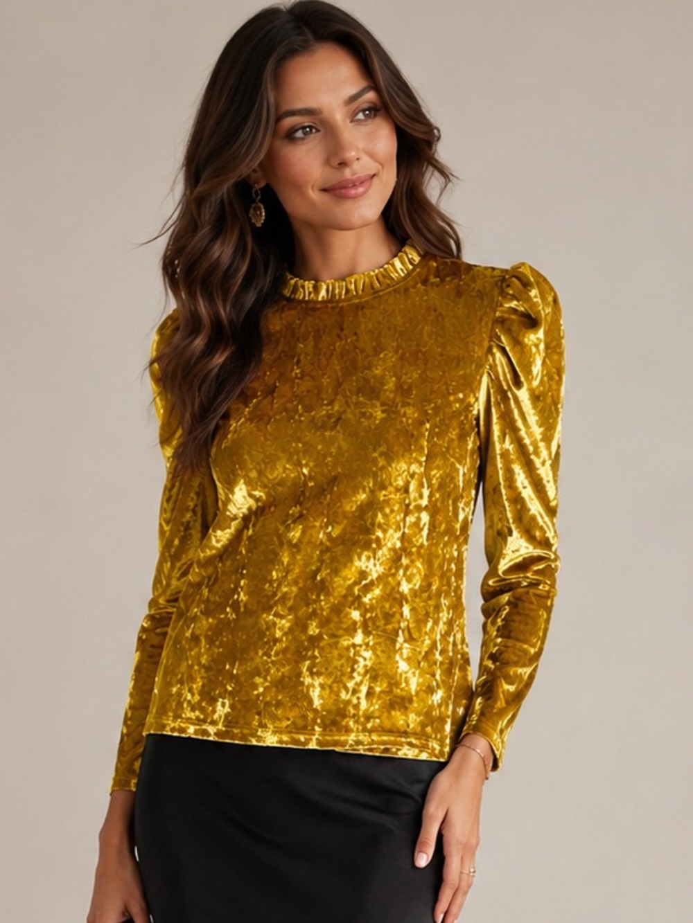 NWT Moodie Gold Yellow Crushed Velvet Puff Sleeve Top Size Medium